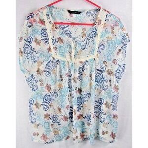 Dunnes 14 womens peasant blouse white blue floral scrolls top semi-sheer